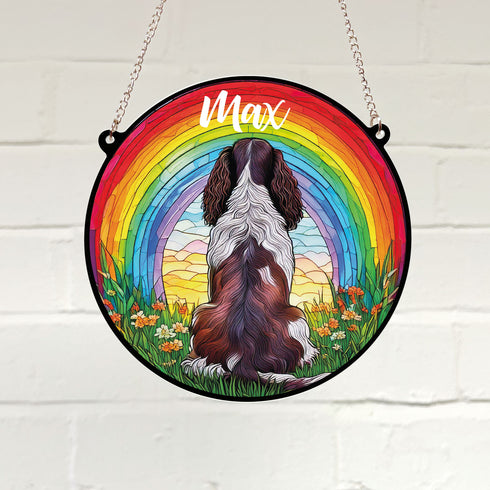 Springer Spaniel Black & White Rainbow Bridge Personalised Stained Glass Effect Suncatcher